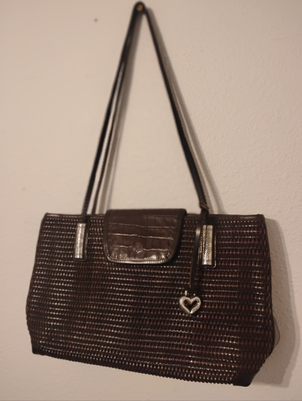 Vtg Brighton Leather Textured Weave Croc Embossed Enclosure Shoulder Purse Bag